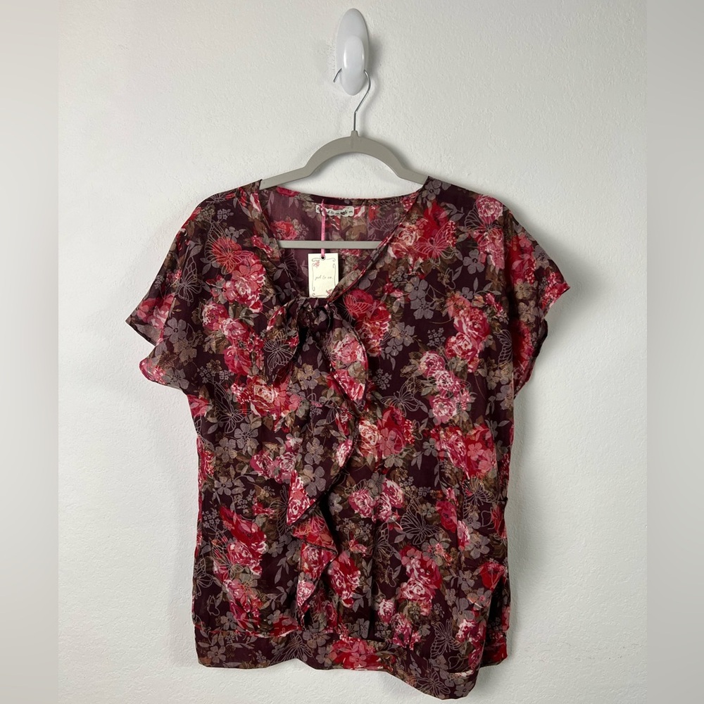 pd & co. Pink & Burgundy Floral Ruffle Tie Short Sleeve Top